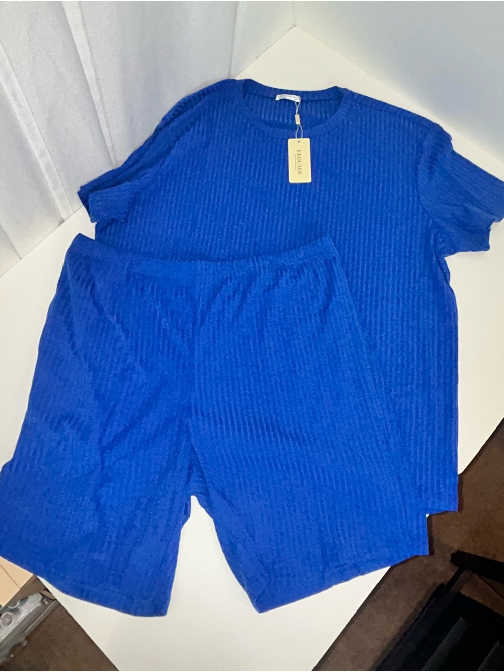 Men’s Blue Ribbed Lounge Set - Short Sleeve Top & Shorts